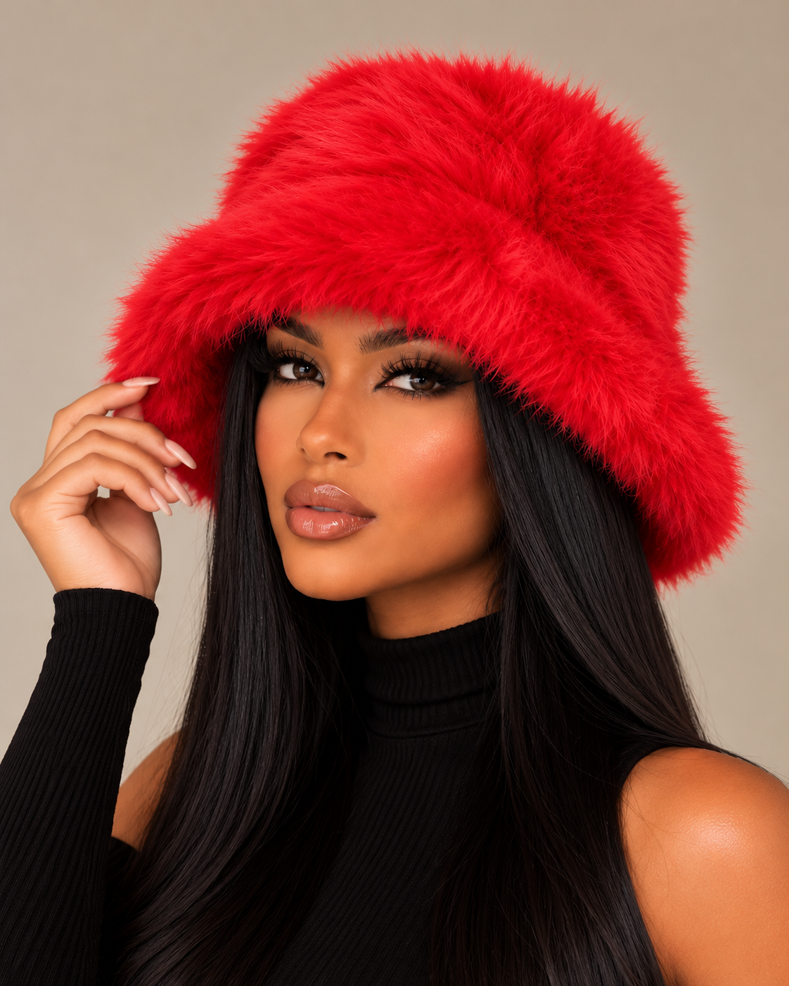 Oversized Faux Fur Bucker Hat - Beige