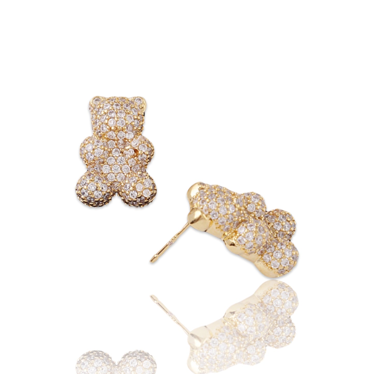 Crystal Teddy Bear Stud Earrings - Gold