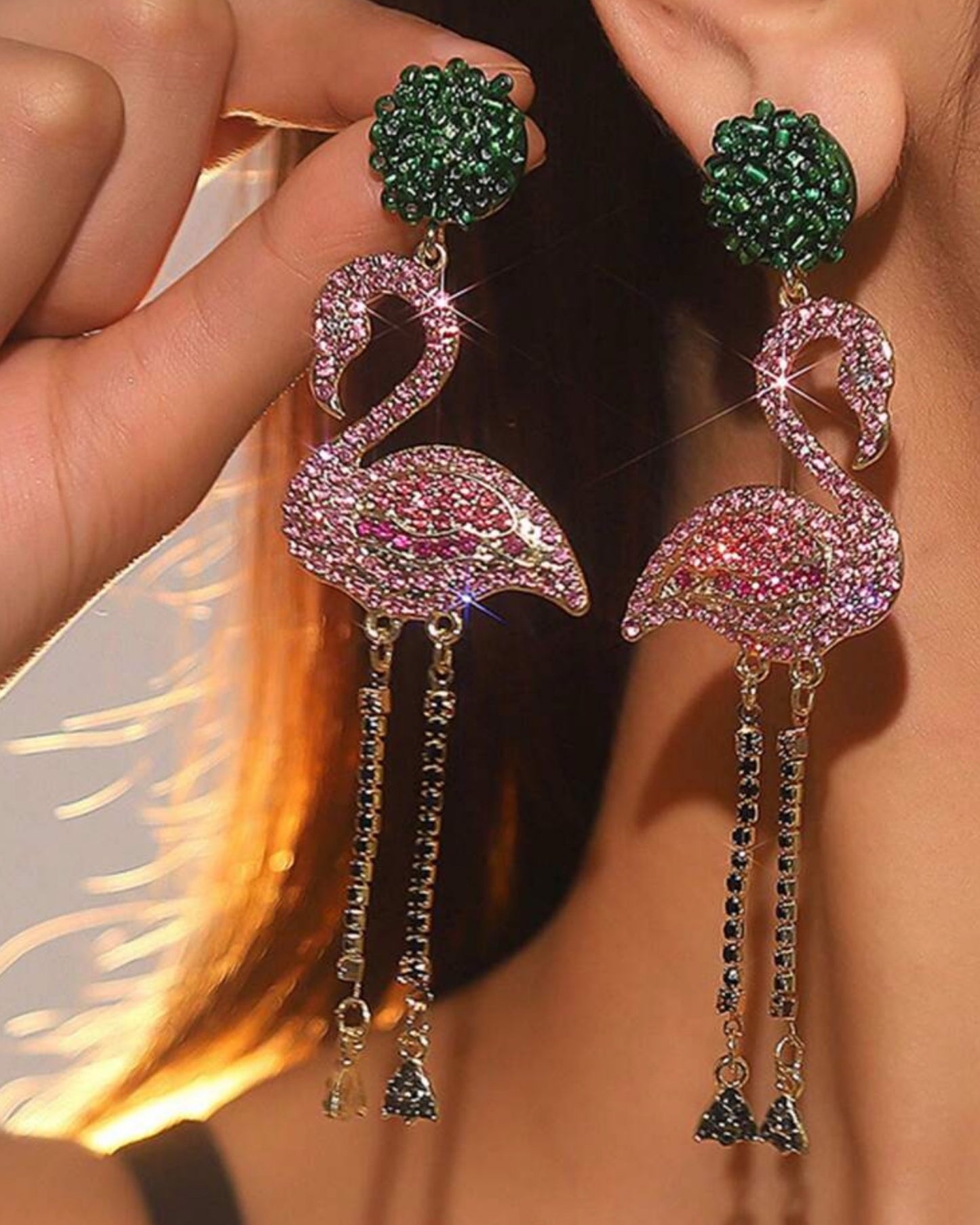 Crystal Flamingo Earrings - Pink