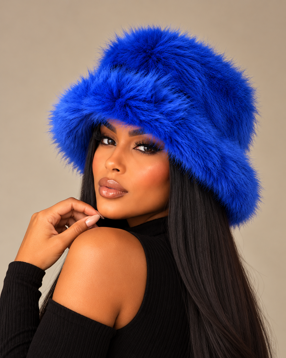 Oversized Faux Fur Bucker Hat - Blue