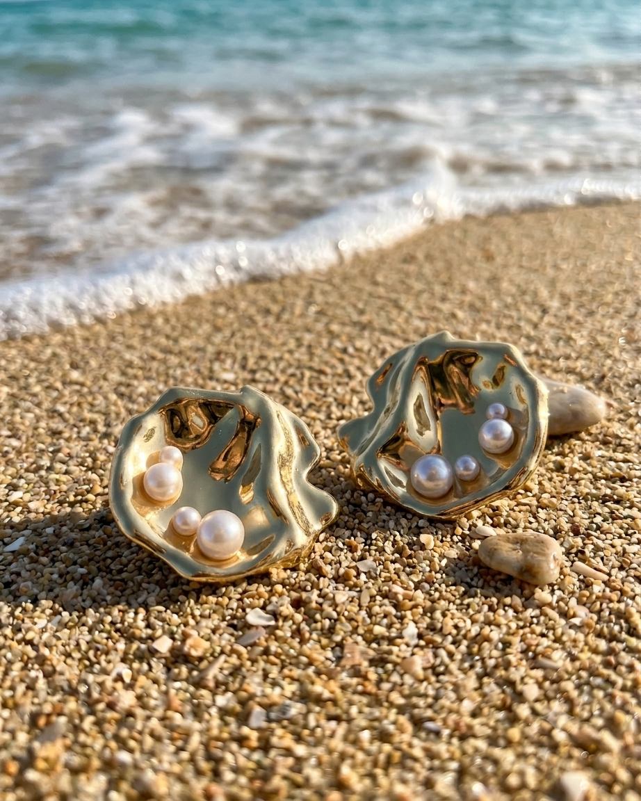 Scallop Pearl Earrings - Gold